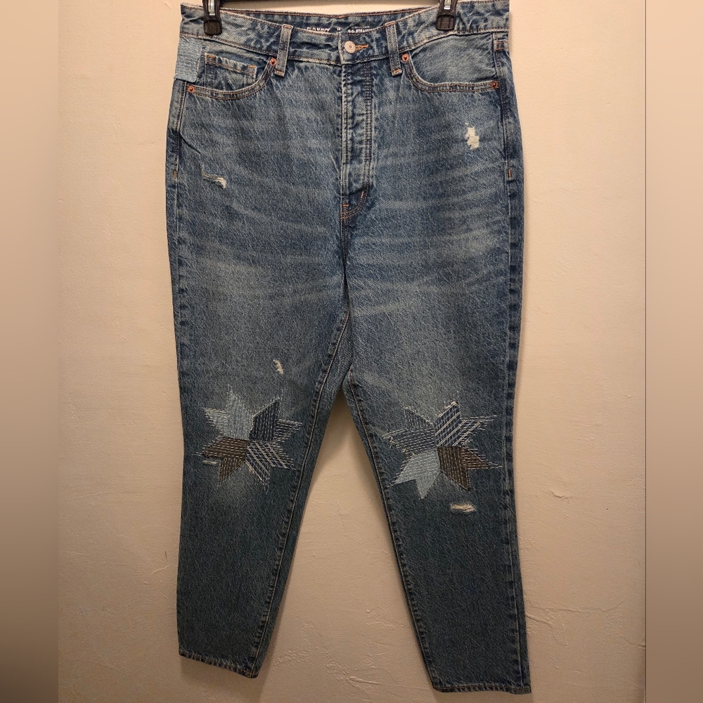Old Navy Sz 14 Star Patchwork Knee Extra High Rise Straight Button Fly Blu Jeans